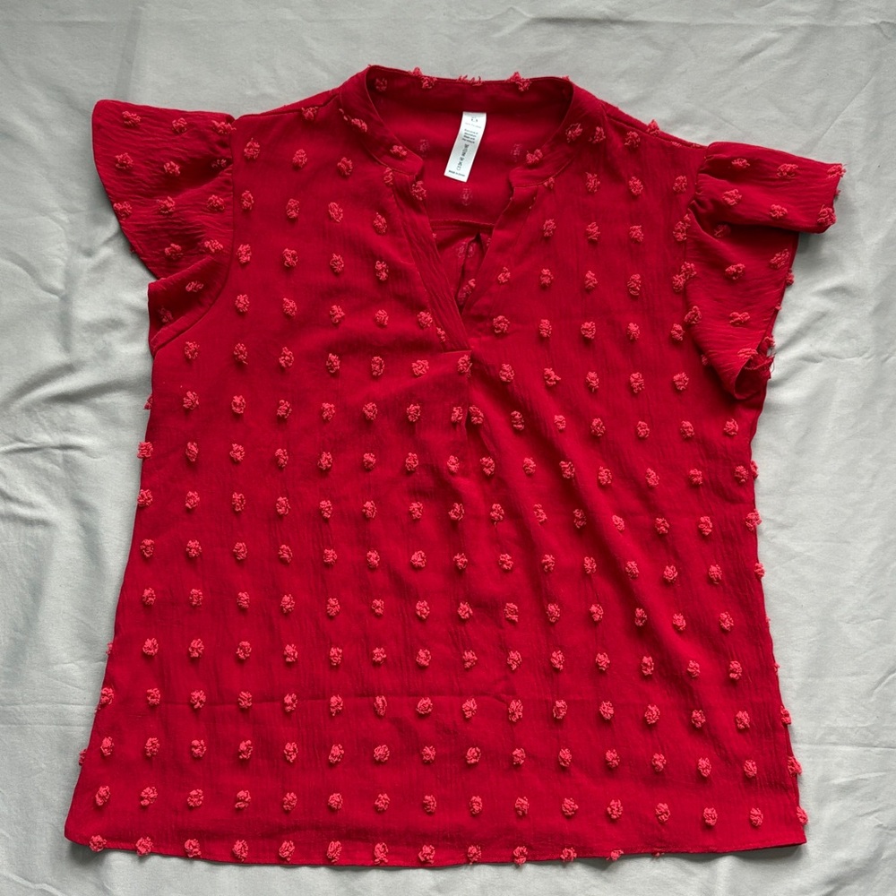 Curated Red Textured Pom-Pom Blouse XL • Boho Cottagecore Flutter Sleeve Top